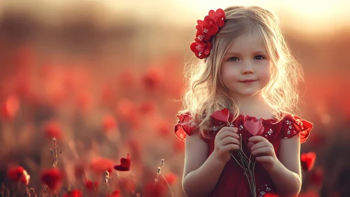 Sweet child surrounded by vibrant poppies in golden sunlight.