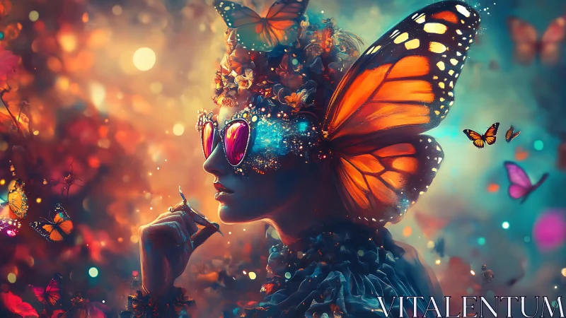 Dreamy butterfly muse drifting through glowing twilight.