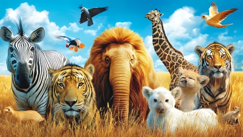 Wild savanna animals pose together under vivid blue sky