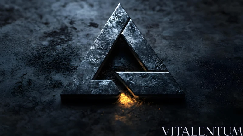 Metallic triangular logo on textured surface, dramatic lighting.