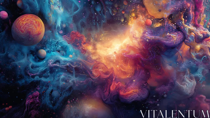 Nebula clouds swirl around glowing cosmic core and planets