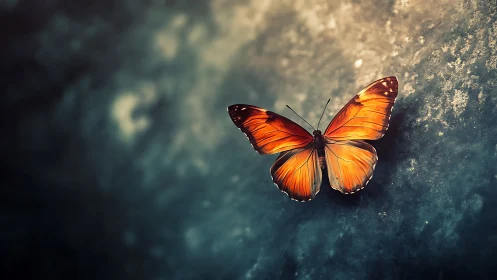 Orange butterfly rests in glowing contrast against cool stone