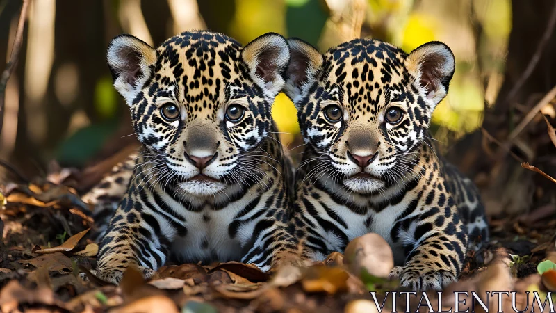 Twin juvenile jaguars with intricate rosette patterning and pronounced facial features
