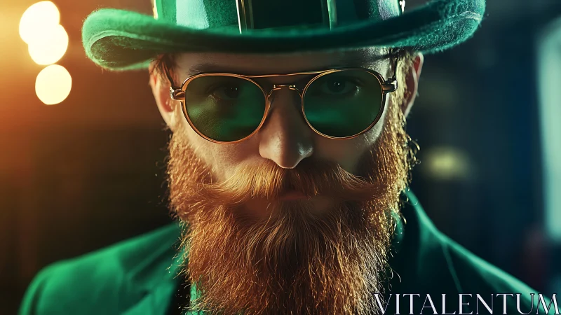 Chromatically lit portrait of bearded man in emerald attire.