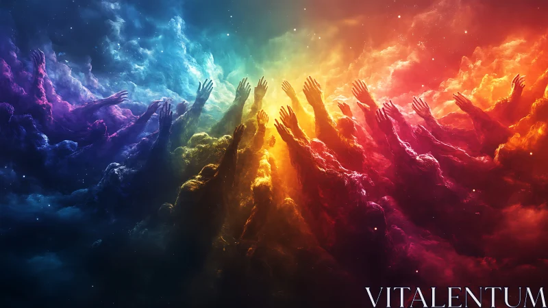 Chromatic spectral figures reaching through nebular light field.