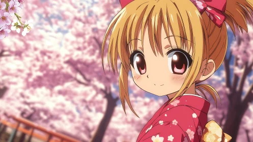 Cherry blossom breeze pauses to frame a smiling kimono girl