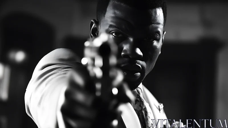 High-contrast noir close-up of man aiming handgun at camera
