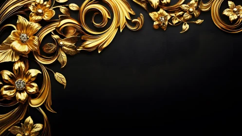Elegant Gold Floral Ornament on Black Luxury Background.