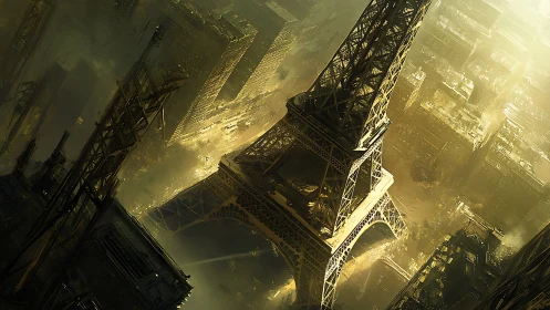 Eiffel Tower in dense futuristic cityscape, oblique view.