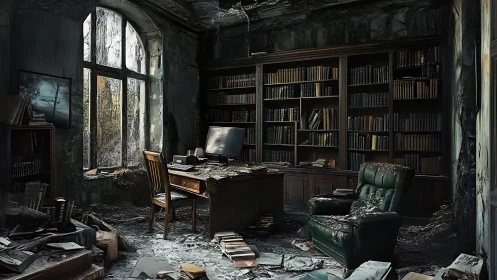 Abandoned study with decayed library and broken windows