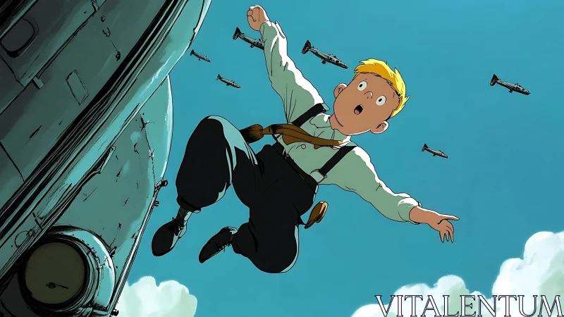 Blond boy falling from aircraft amid distant warplanes.