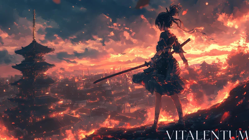 Lone anime warrior surveys a burning city at fiery dusk