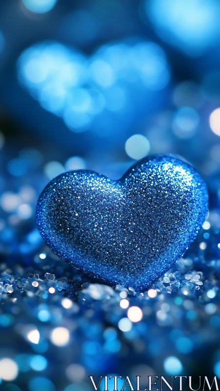 Blue glitter heart with soft bokeh background in focus.