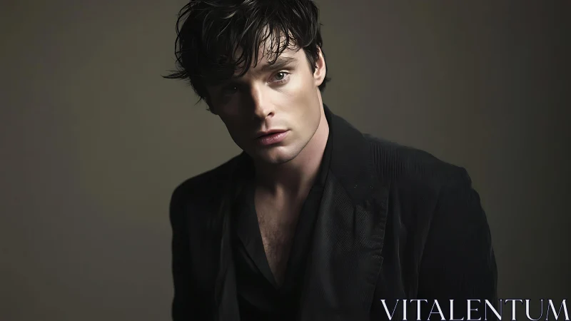 Photorealistic low-key male portrait with soft rim lighting.