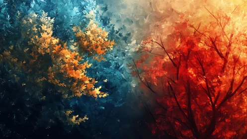 Dual colored forest merges cool blue foliage with fire red tree