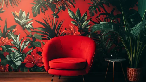 Velvet red armchair glows against lush tropical mural wall