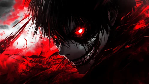 Demonic anime face shows glowing red eyes and skeletal grin