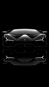 Black supercar front view on black background, reflective.