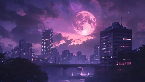 Neon moonrise over violet city riverscape at midnight.