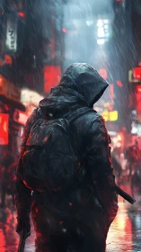 Hooded operative in rain-soaked neon alley with strong rim lighting