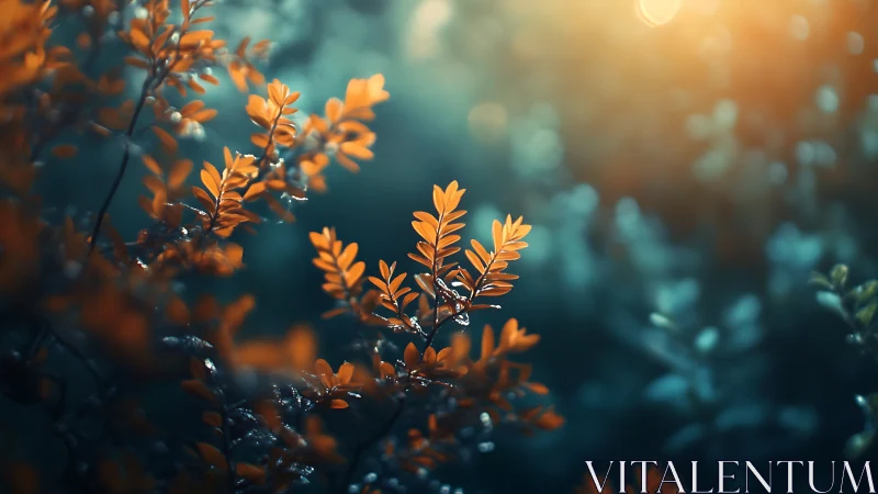 Golden backlit foliage with cinematic teal bokeh glow.