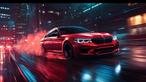 Red sport sedan on wet city street at night in motion.
