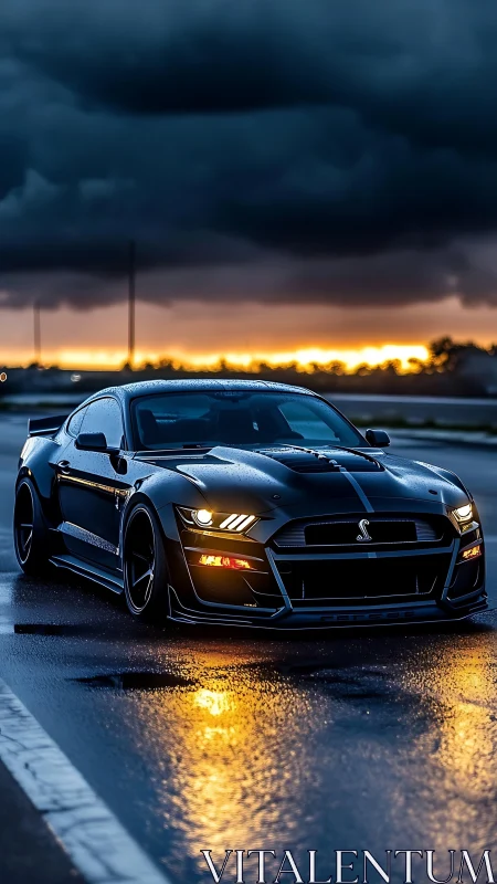 Storm-lit black muscle car on wet highway at sunset.