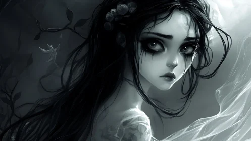 Gothic monochrome spirit girl with flowing spectral veil.