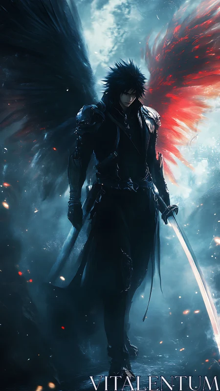 Bicolor winged swordsman strides through volumetric fog and embers