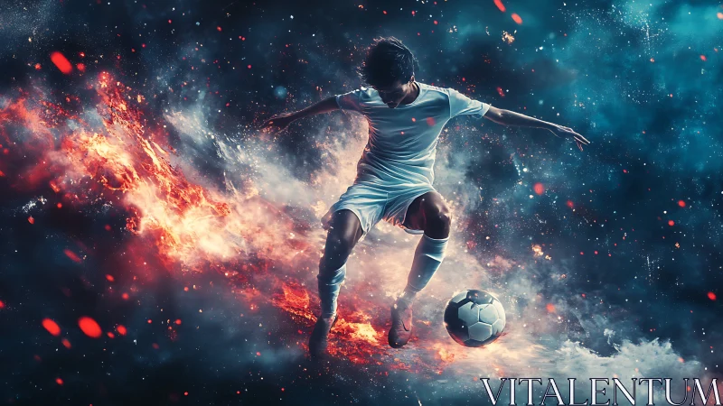 Dynamic footballer framed by particle flames and volumetric fog field