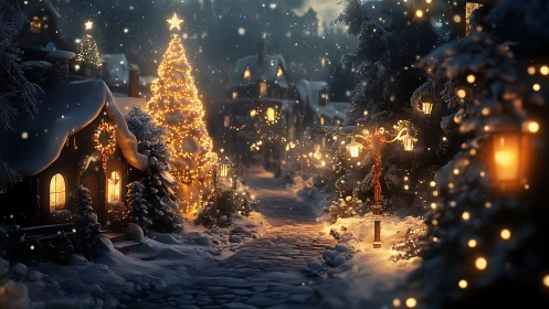 Snow covered village lane with bokeh lit Christmas decorations