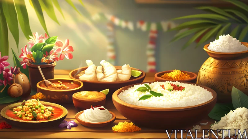 Traditional rice-based meal with assorted South Asian dishes.