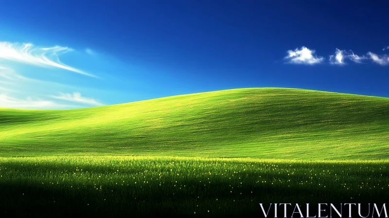 Luminous rolling meadow under deep cobalt sky digital painting.