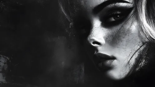 Monochrome close-up portrait with high-contrast chiaroscuro lighting.