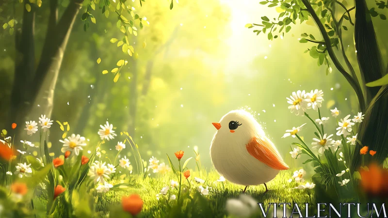 Round white songbird rests in glowing forest meadow