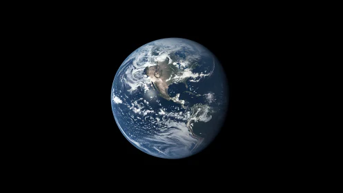 Orbital view of sunlit Earth showing North America and cloud systems