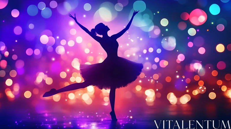 Silhouette ballerina in radiant multicolor bokeh lights.