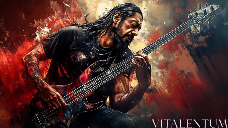 Intense rock bassist bends low over electric guitar