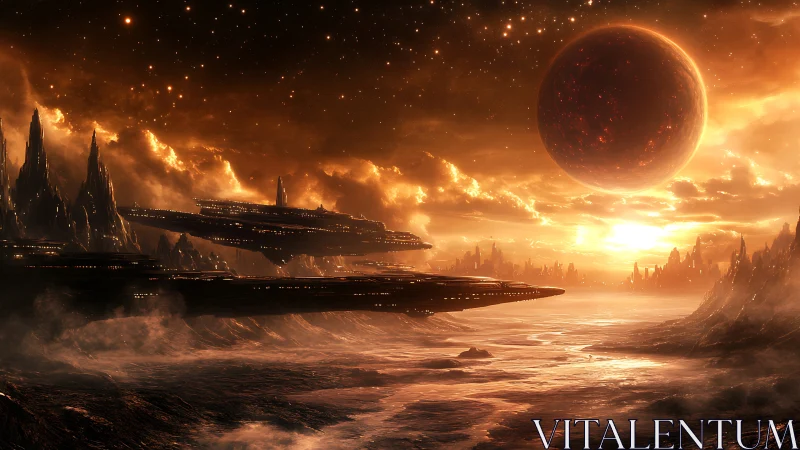 Stellar armada above molten alien coastline at golden dusk.