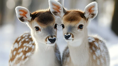Twin fallow deer fawns in shallow snow, high-key portrait.