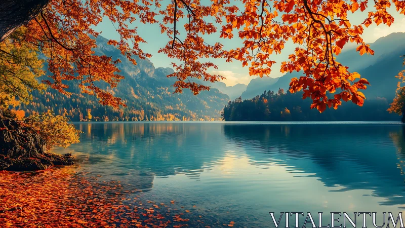 Autumn foliage framing still mountain lake panorama.