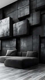 Monochromatic Interior with Modular Concrete Wall Paneling and Contemporary Seating
