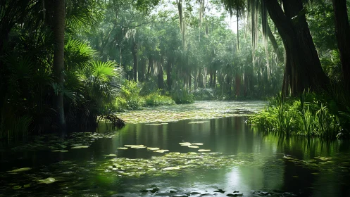 Tranquil lily-filled jungle river bathed in soft daylight.