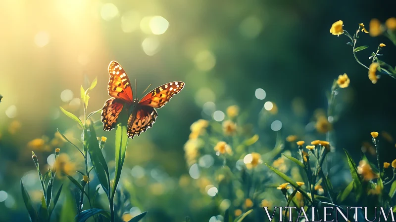 Backlit orange butterfly in shallow-depth meadow bokeh field.