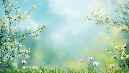 Gentle spring meadow where blossoms sway in soft light.