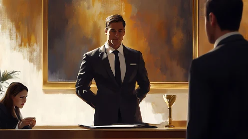 Boardroom Power Play: Elegant Executive Commands Golden Sphere of Authority