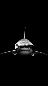 Great white shark front view in stark black background.