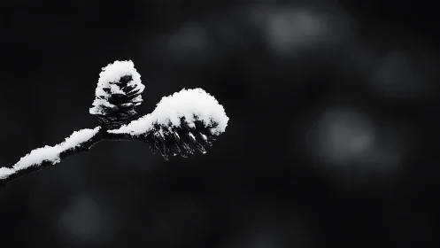Snow covered pine cones isolated against dark winter sky.