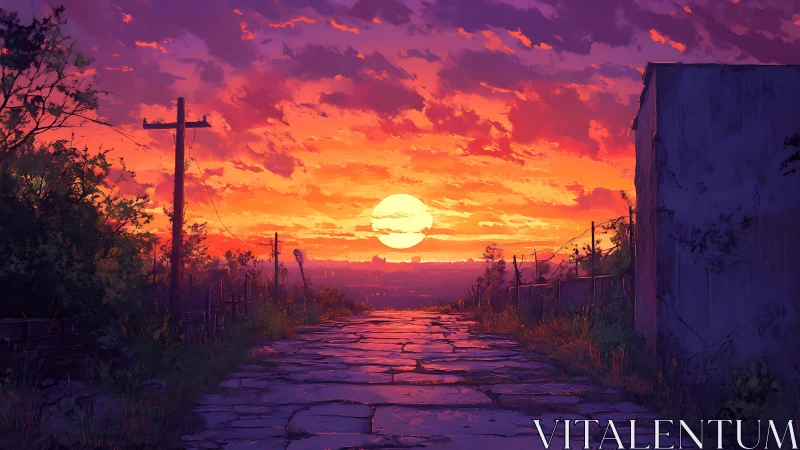 Sunset-illuminated rural road with textured stone paving depth study