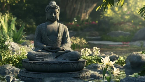 Stone Buddha breathing quiet light in a mossy garden.